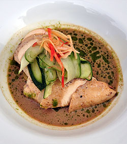 Masala tea poached chicken,with masala mashed potato, pickled cucumber ribbons